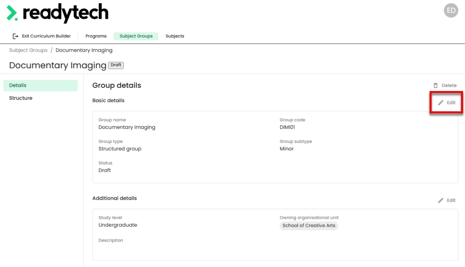 Curriculum Builder - Subject Management